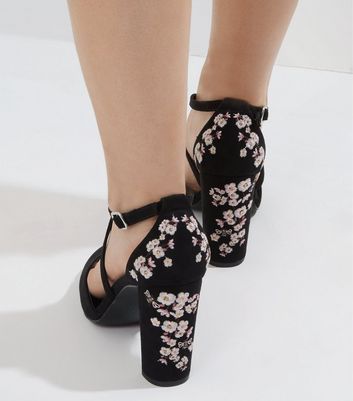 Black Suedette Floral Embroidered Heels 