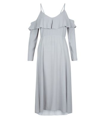Grey Frill Trim Cold Shoulder Split Hem Midi Dress New Look