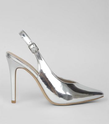 silver metallic pointed heels