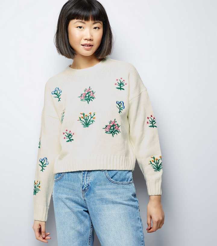 Cream Floral Embroidered Cropped Jumper