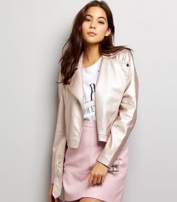 Pink Metallic Leather-Look Biker Jacket New Look