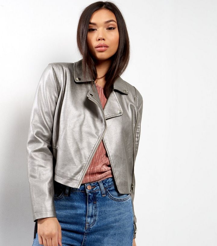 Silver Metallic Leather Look Biker Jacket Add To Saved Items Remove From