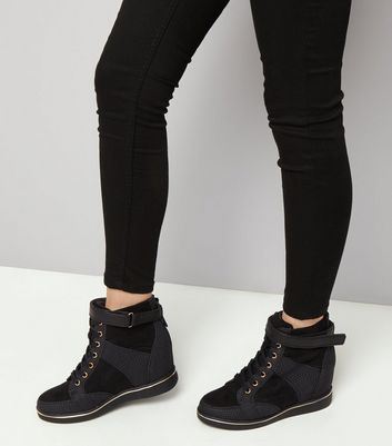 Black Perforated Panel Wedge Trainers 