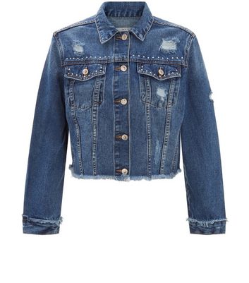 Dark Blue Frayed Hem Studded Cropped Denim Jacket New Look