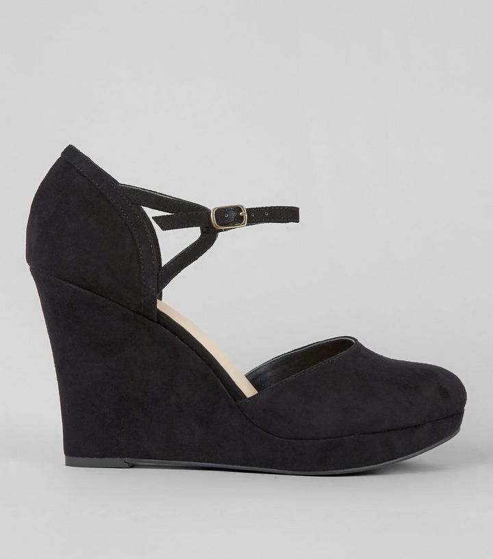 Wide Fit Black Comfort Suedette Platform Wedges Heels New Look