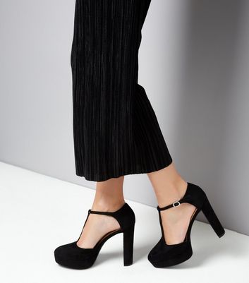 Black Suedette T Bar Platform Heels 