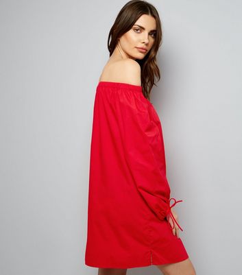 Red Button Front Bardot Neck Dress New Look
