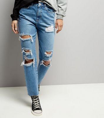 blue ripped straight leg jeans
