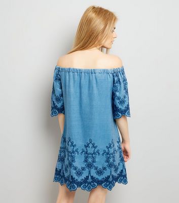 Blue Bardot Floral Embroidered Denim Dress New Look