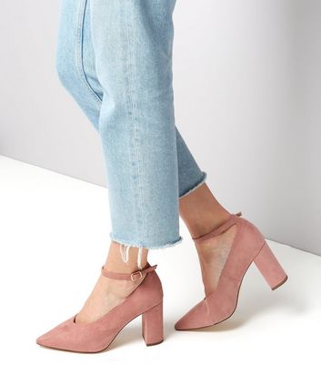 pink pointed block heels