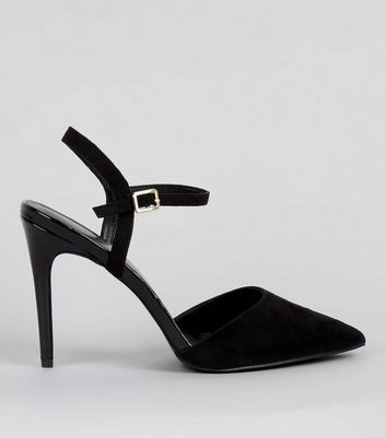 black pointed court shoes with ankle strap