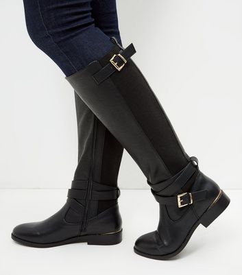 Black Buckle Strap Knee High Boots 