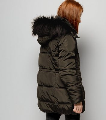 high shine hooded padded coat with faux fur trim