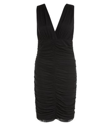 Black Ruched Front V Neck Bodycon Dress New Look