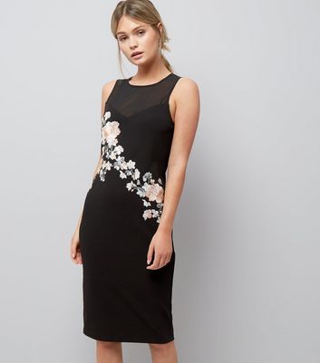 Black Premium Floral Embroidered Mesh Panel Bodycon Dress New Look