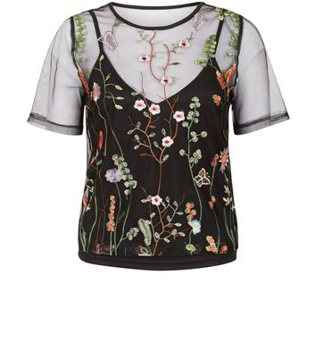 Black floral store embroidered mesh top