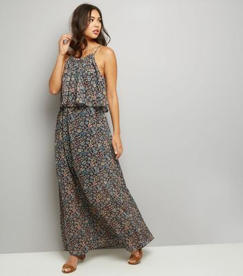 navy print maxi dress