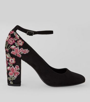 black floral embroidered heels