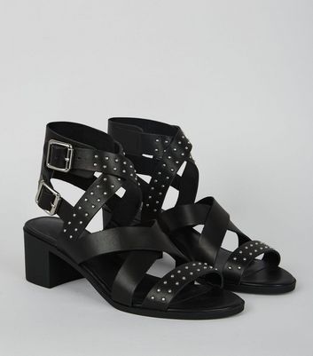 Black Studded Leather Heeled Sandals 