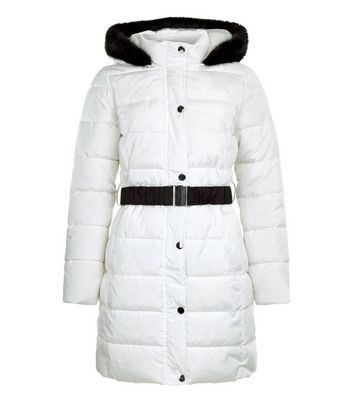 White Faux Fur Trim Belted Longline Puffer Jacket New Look