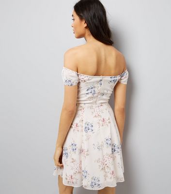 Pink Floral Print Bardot Neck Skater Dress New Look