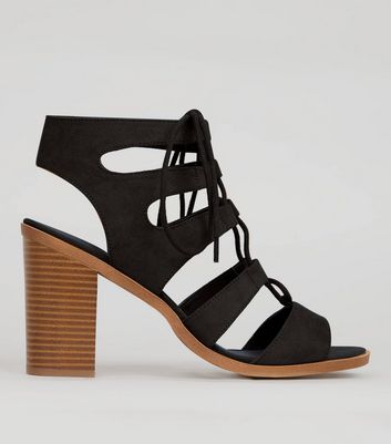 black suedette lace up ghillie block heel sandals