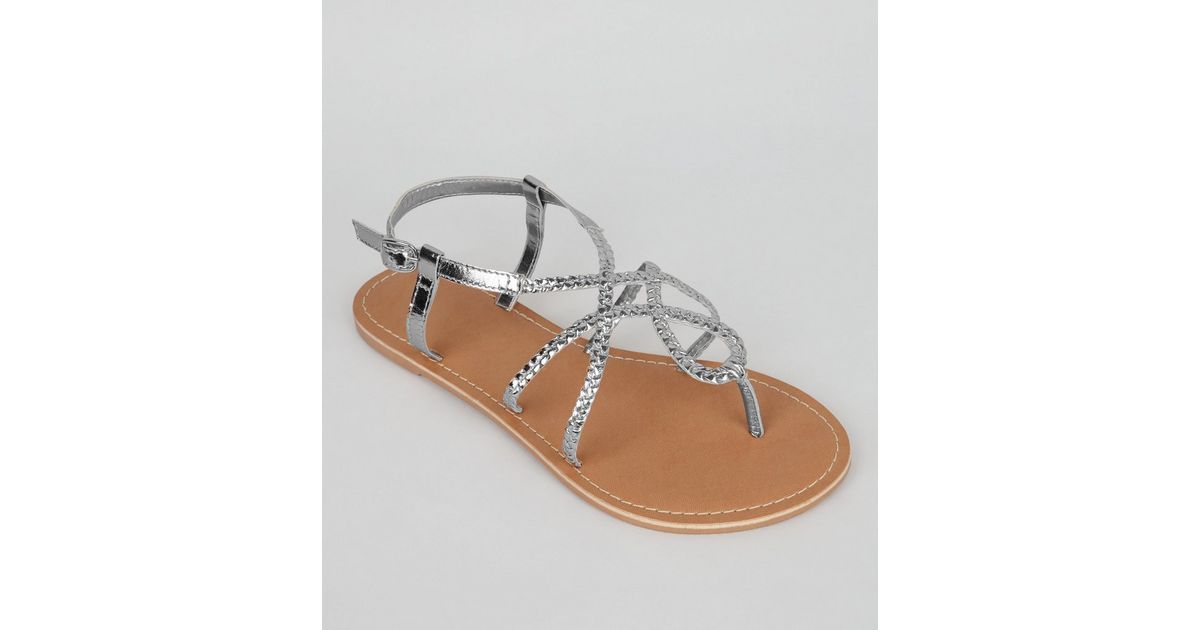Wide Fit Silver Leather Plaited Sandals | New Look