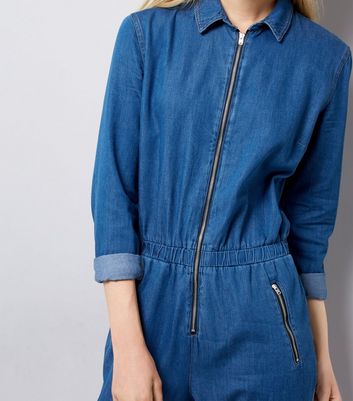 new look denim jumpsuit with zip in blue