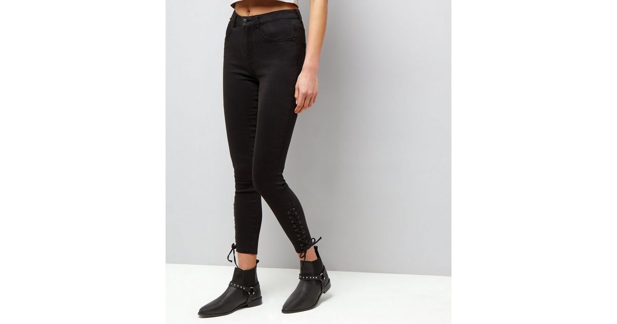 Black Lace Up Side Skinny Jenna Jeans New Look