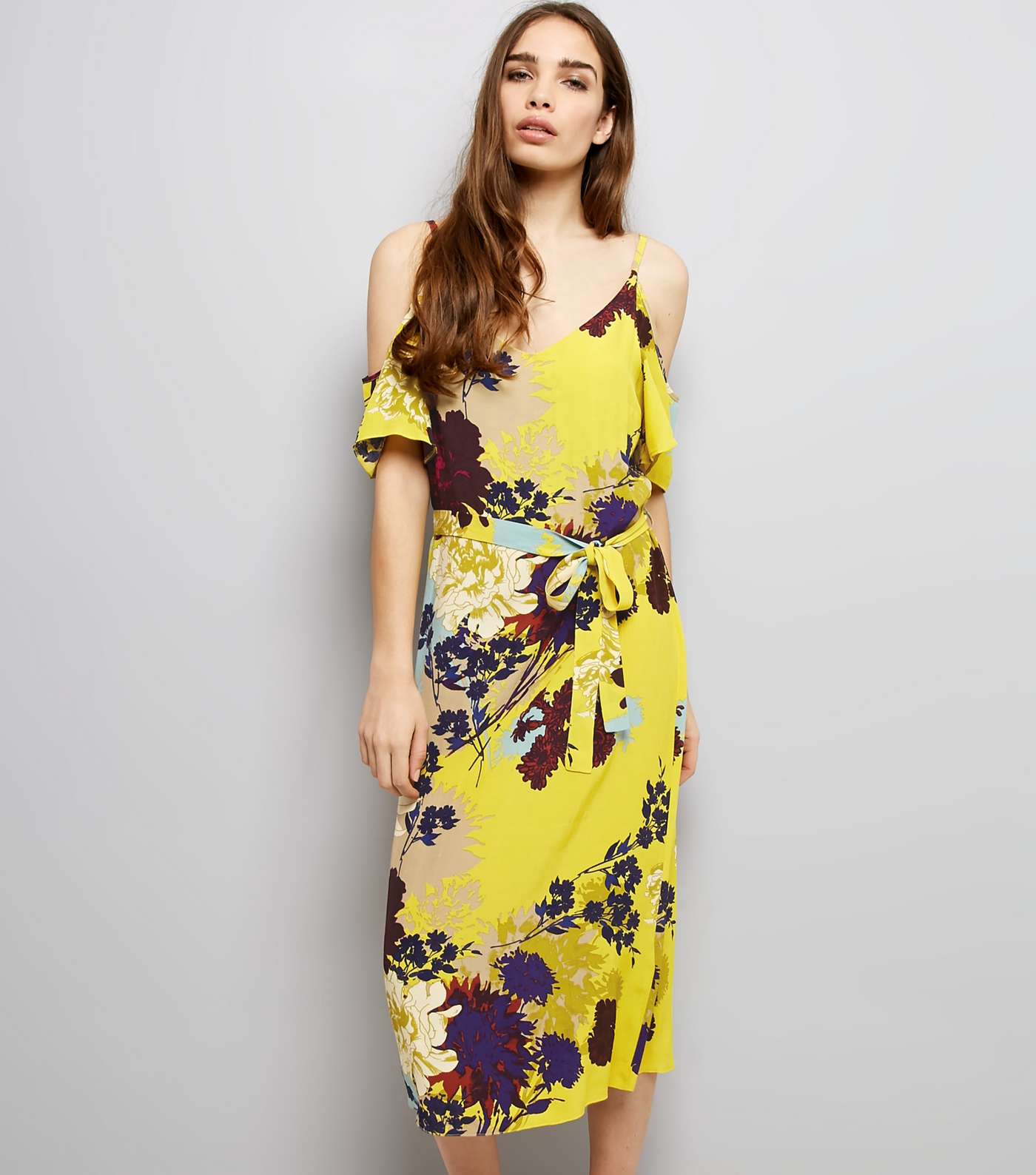 Yellow Floral Print Cold Shoulder Midi Slip Dress