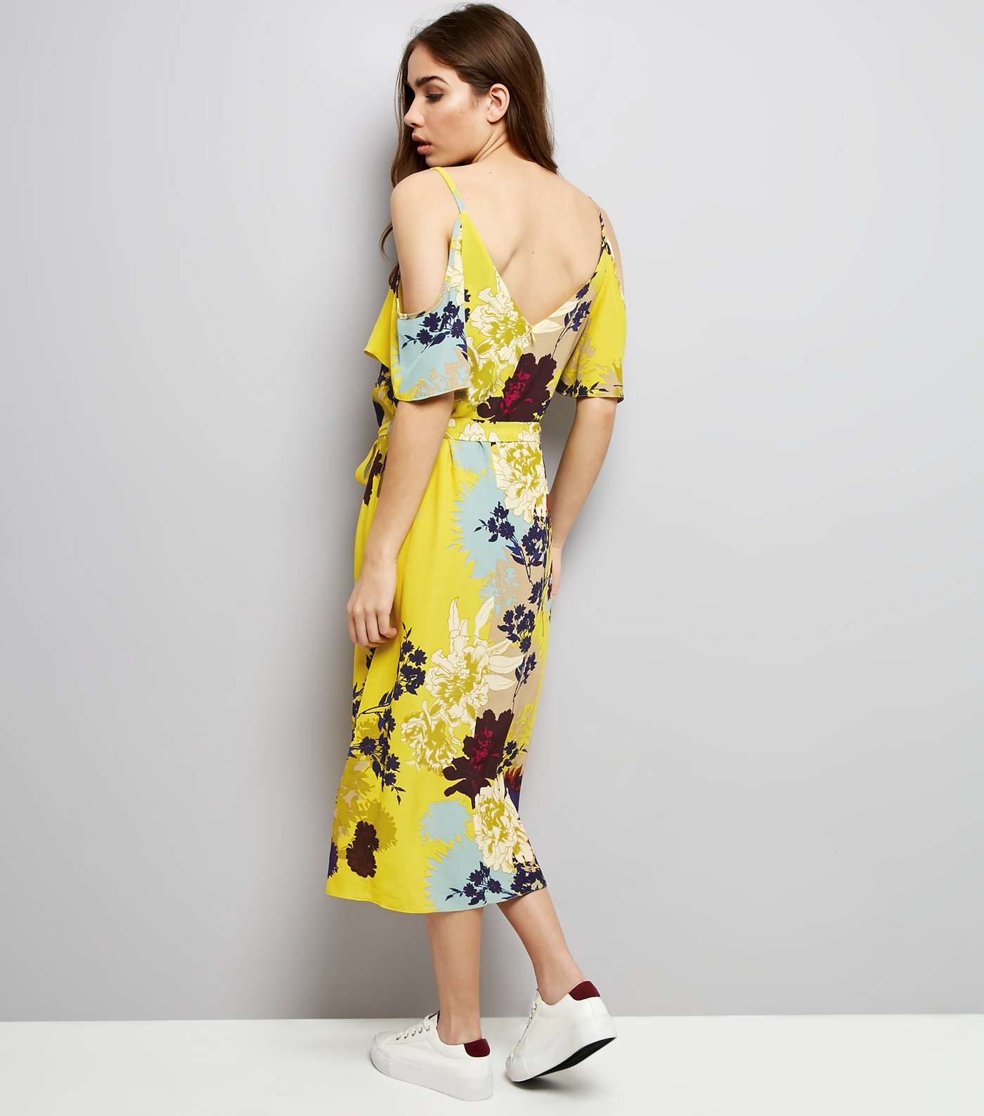 Yellow Floral Print Cold Shoulder Midi Slip Dress Image 3