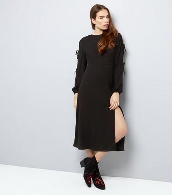Black Tie Sleeve Split Side Midi Dress New Look