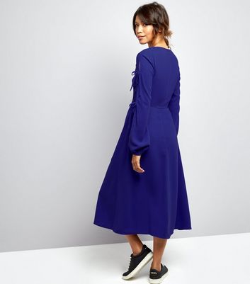 Blue Tie Sleeve Split Side Midi Dress New Look