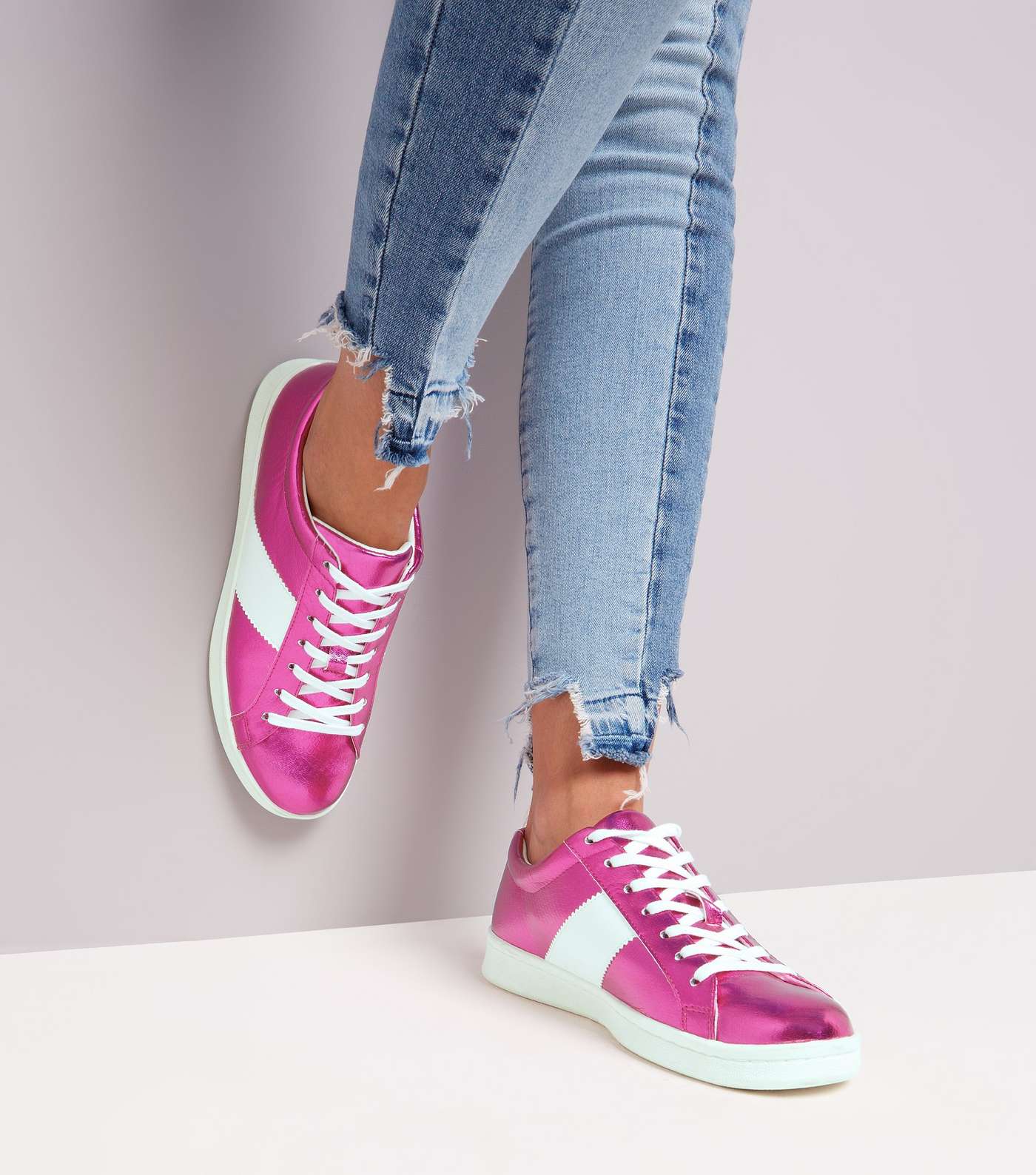Pink Metallic Lace Up Trainers Image 3