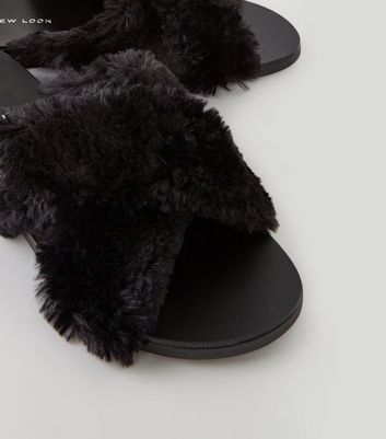 Wide Fit Black Faux Fur Cross Strap 