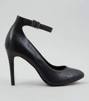 Black Leather Ankle Strap Court Shoes 
