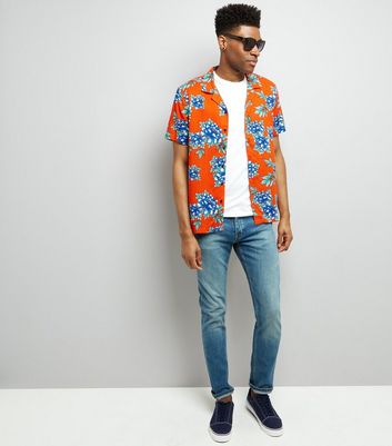Red Tropical Floral Print Short Sleeve Shirt New Look