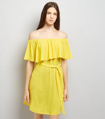 Yellow Frill Layered Bardot Neck Dress New Look
