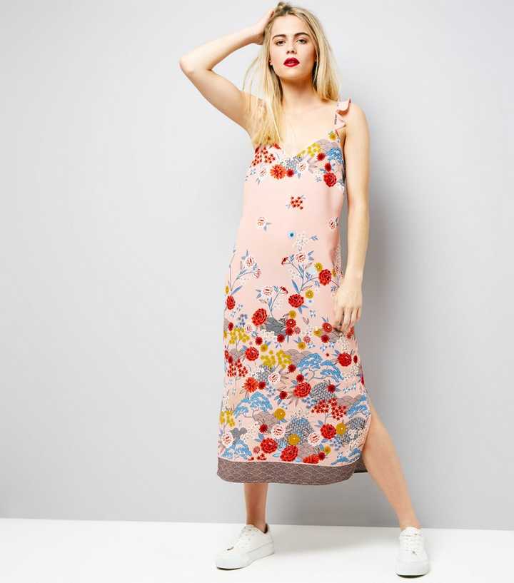 Pink Floral Print Frill Strap Slip Dress