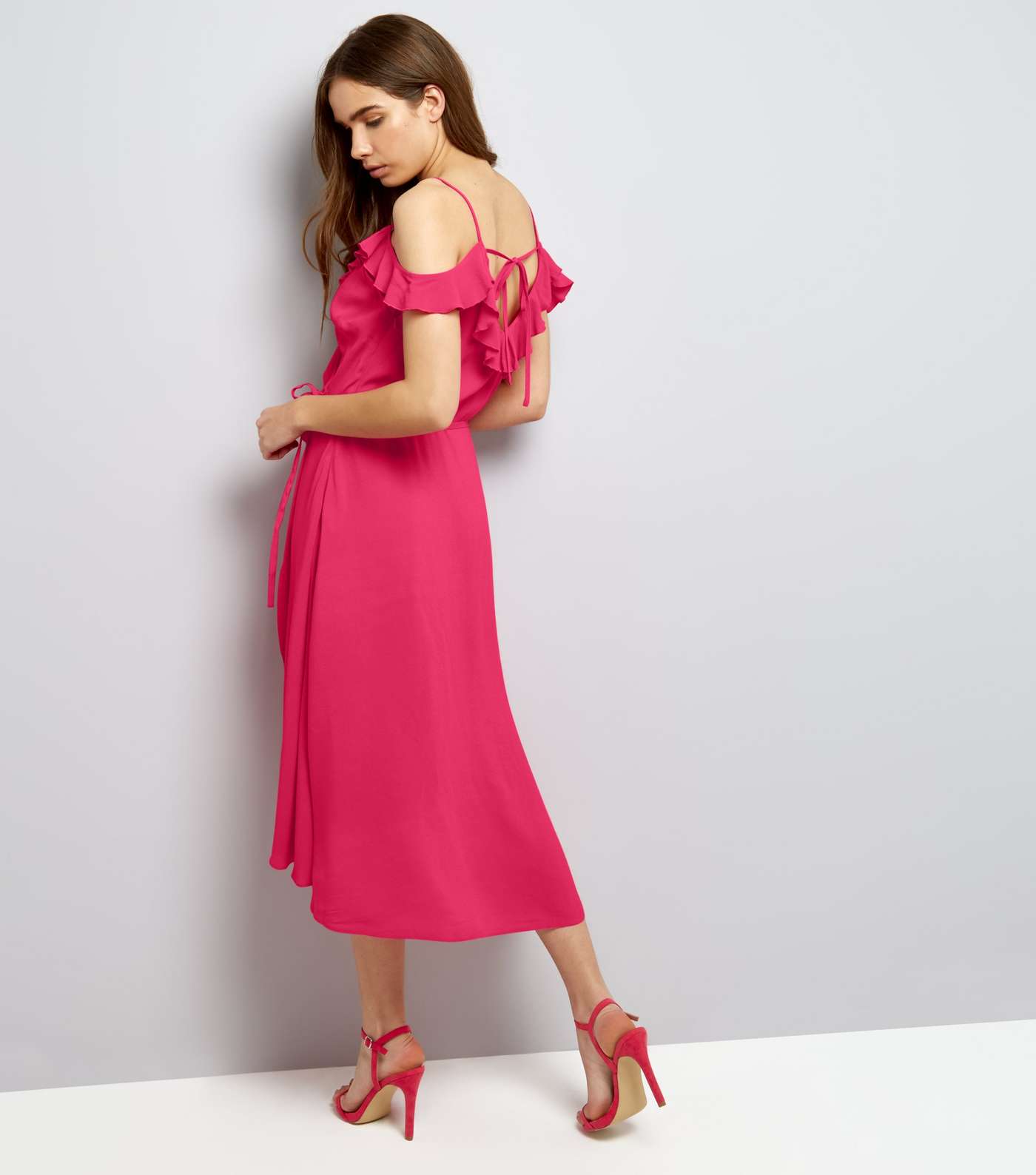 Deep Pink Frill Trim Wrap Front Midi Dress Image 2