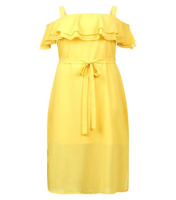 Curves Yellow Frill Trim Bardot Neck Midi Dress New Look