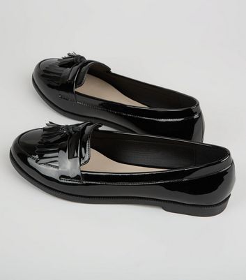 patent fringe loafers