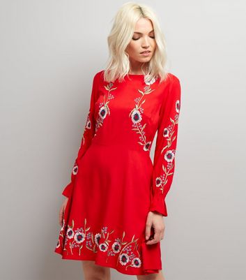 red floral embroidered dress