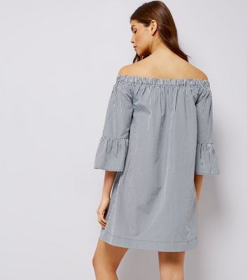 Black Gingham Bell Sleeve Bardot Neck Dress New Look