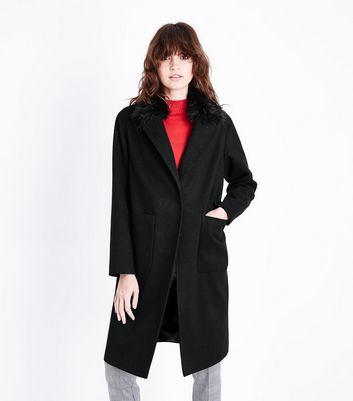 longline black coat with fur collar