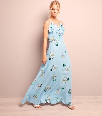 Blue Floral Print Frill Trim Maxi Dress New Look