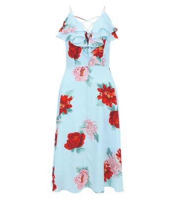 Blue Floral Print Frill Trim Midi Dress New Look