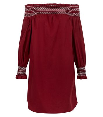 Burgundy Shirred Bardot Neck Dress New Look