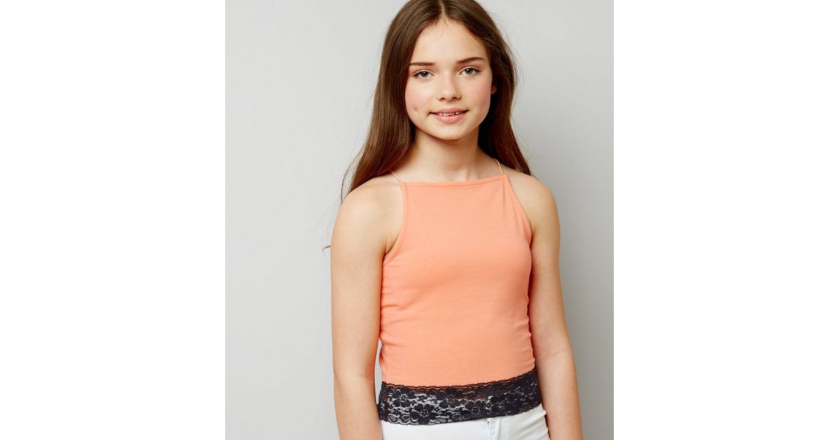 Teens Coral Contrast Lace Hem Cami New Look