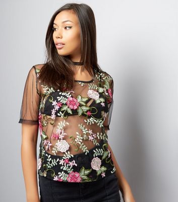 black floral embroidered mesh top